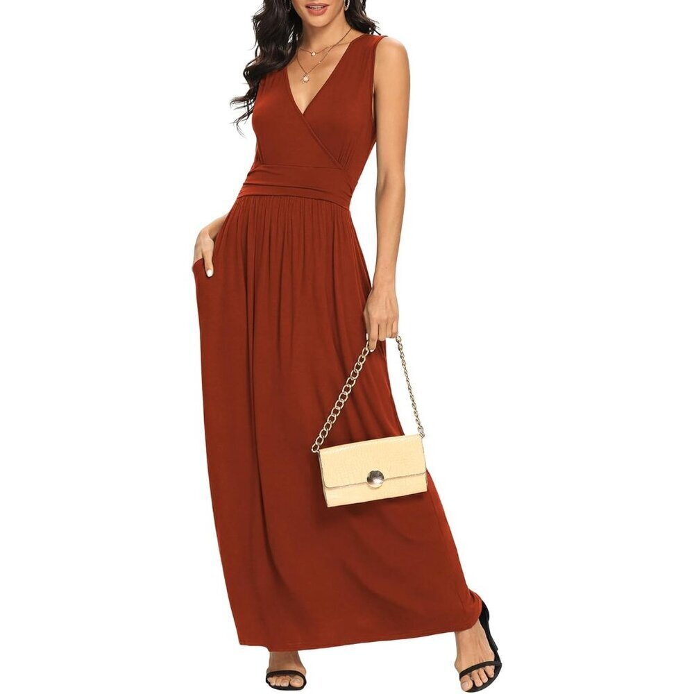 Women Caramel Deep V Neck Sleeveless Loose Plain Long Maxi Stretchy Dress